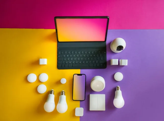 neatly arranged smart home devices on colorful surface