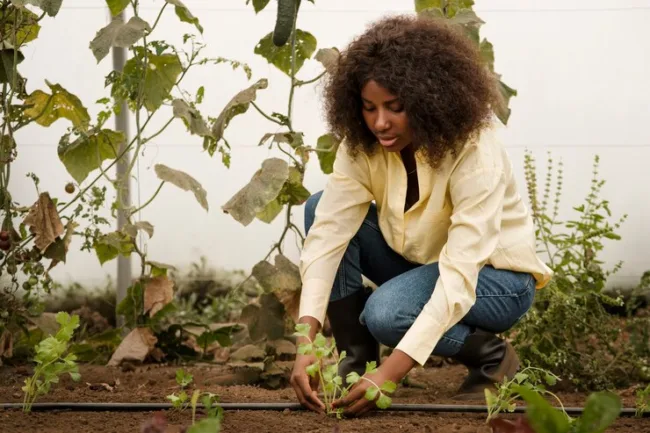 woman planting in sustainable garden