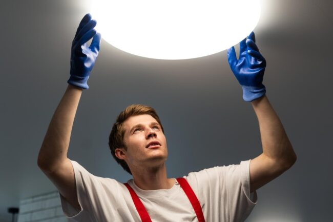 worker cleaning ceiling lamp